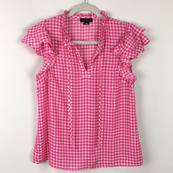 1. State Tops - 1.STATE Pink And White Gingham Double Flutter Sleeve Top Size S NWOTS